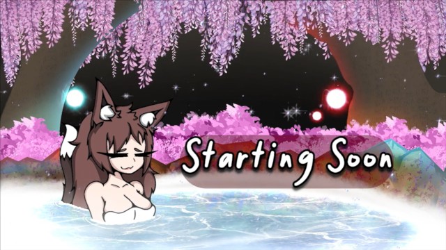 Art of the VTuber Yuri Hakumishi relaxing in a Japanese onsen with the message 'Starting Soon'